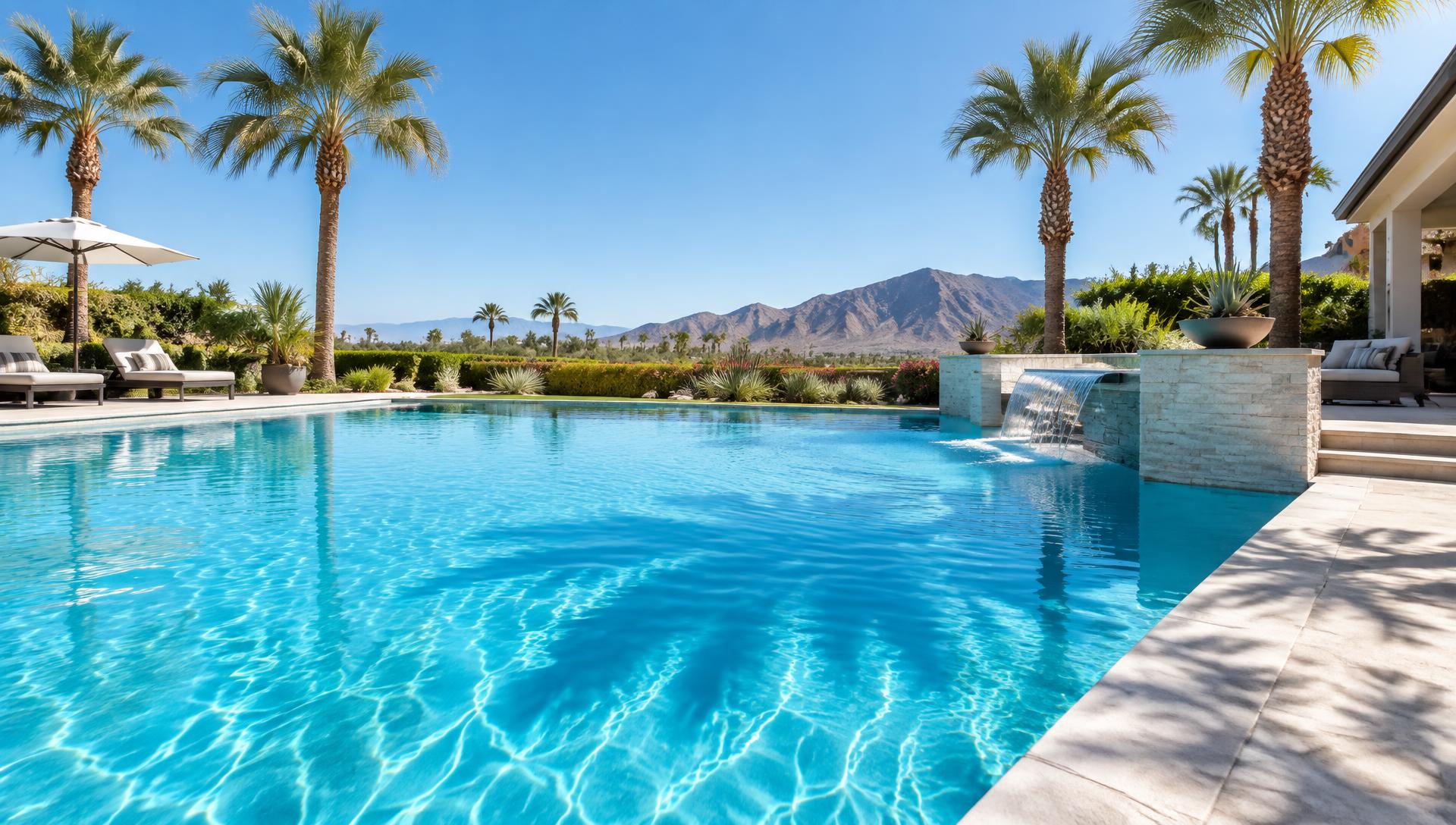 Bright Southern California swimming pool with palm trees and mountain views