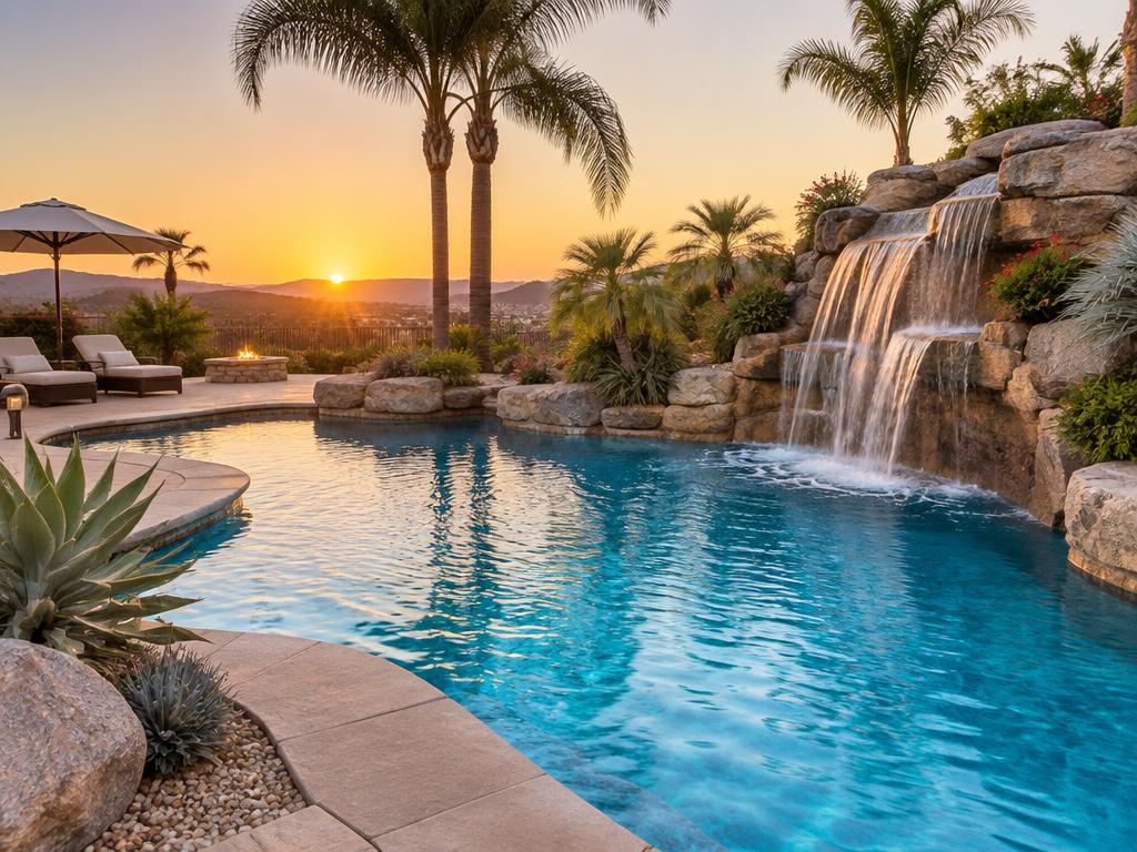 Clear pool water beside a stone waterfall in Southern California